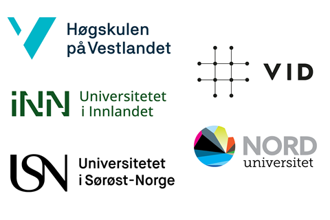 Logoer: Høgskulen på Vestlandet, Universitetet i Innlandet, Universitetet i Sørøst-Norge, VID vitenskapelige høgskole og Nord universitet